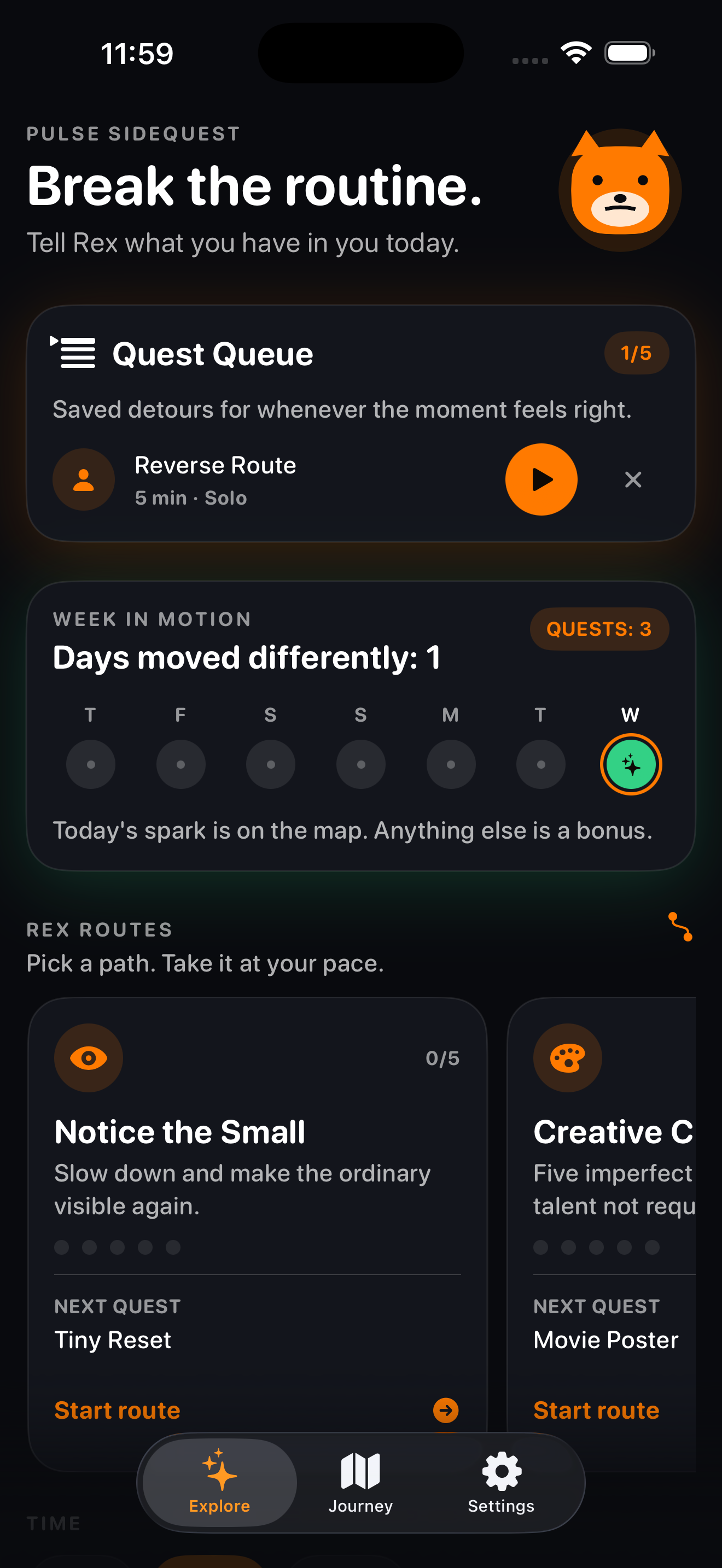 Explore screen showing Quest Queue, Week in Motion, and Rex Routes