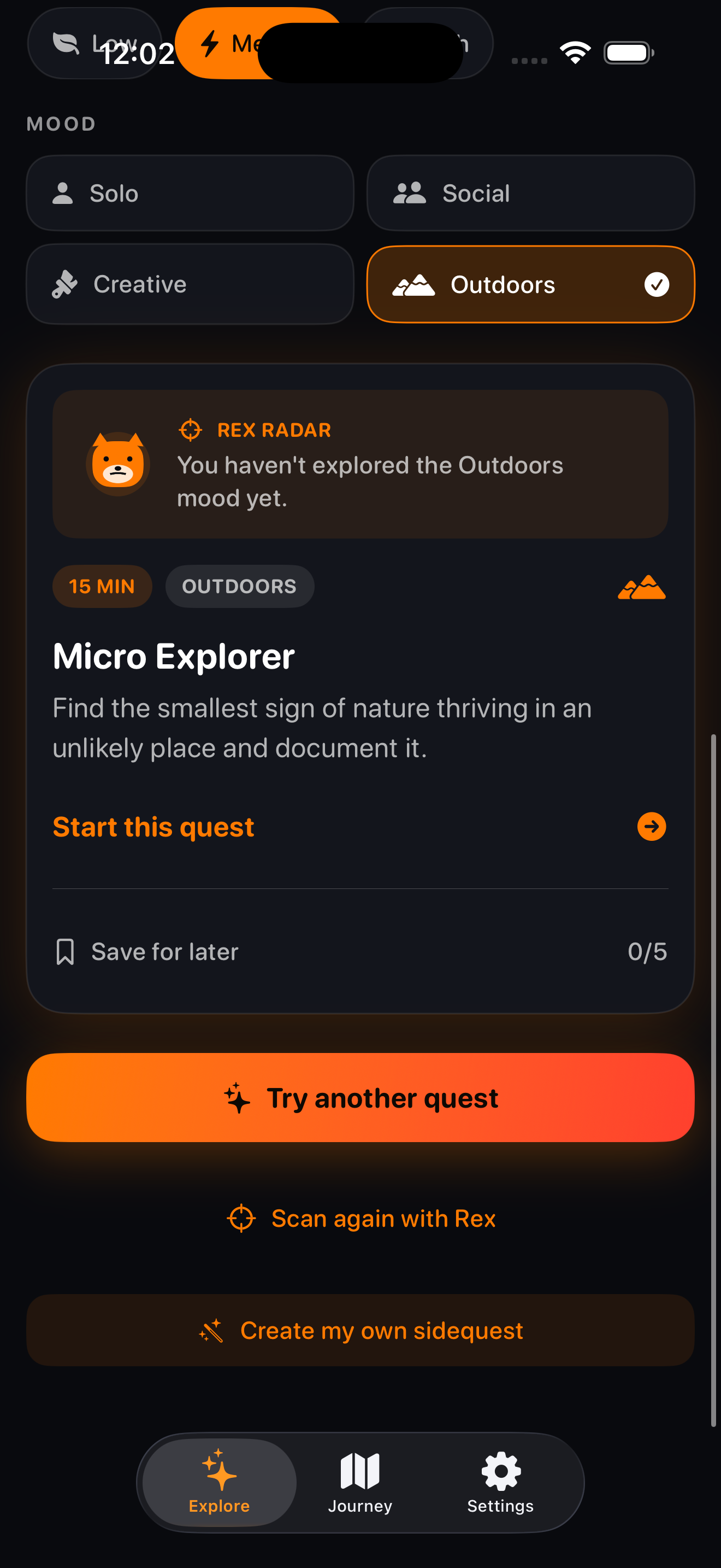Rex Radar suggesting a Micro Explorer sidequest based on your mood