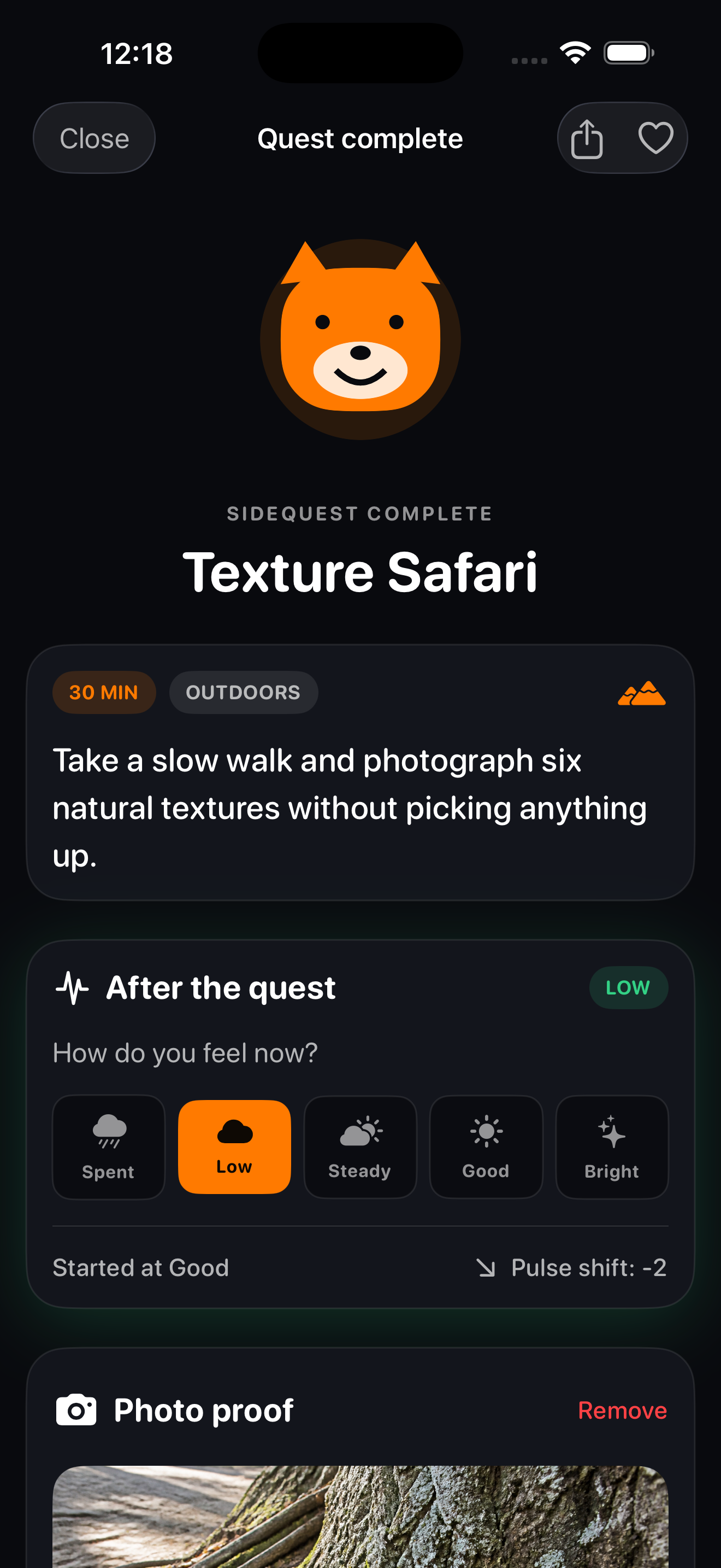 Quest complete screen for Texture Safari with an after-quest mood check-in