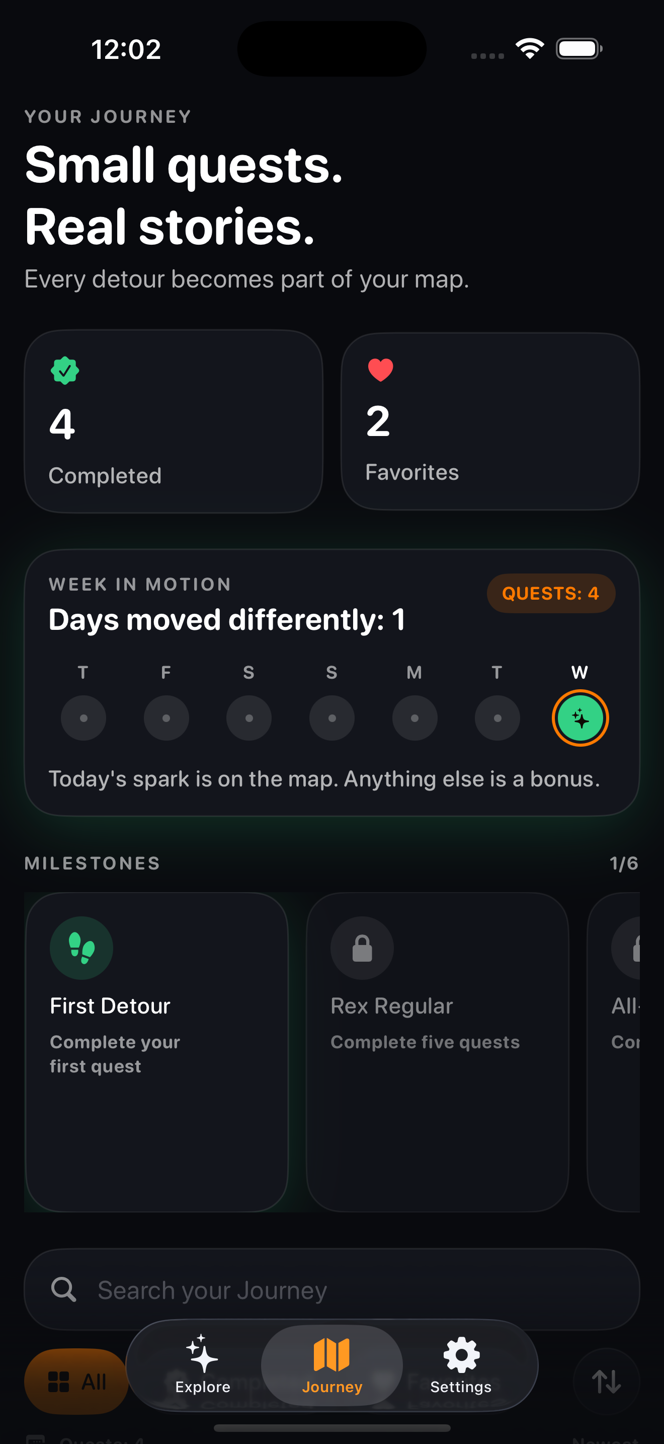 Journey screen showing completed quests, favorites, Week in Motion, and milestones